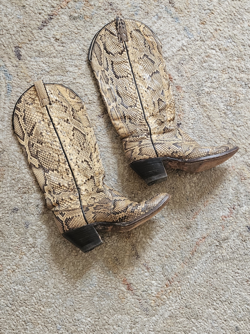 Snake-Print Western Heeled Boots in Tan